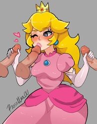 1girls 3boys big_lips blonde_hair blowjob blue_eyes blush breasts clothed clothing crown disembodied_penis dress fellatio female female_focus fully_clothed gloves grey_background group handjob heart heart-shaped_pupils long_hair male mario_(series) multiple_boys nintendo one_eye_closed penis pink_dress princess princess_peach rosellia00 simple_background solid_color_background standing testicles vein veiny_penis