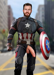 1boy avengers beard blue_eyes captain_america captain_america's_shield captain_america_(series) celebrity chris_evans clothed exposed heroforpain human human_only light-skinned_male light_skin male male_only marvel marvel_cinematic_universe military outside penis penis_out public_exposure public_nudity solo solo_male steve_rogers