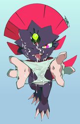 absurd_res anthro bodily_fluids claws clothing cum cum_on_face cum_on_panties female genital_fluids genitals hi_res looking_at_viewer nintendo nude open_mouth panties perfectlynormal pokémon_(species) pokemon pussy red_eyes simple_background smile solo underwear video_games weavile