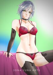 1girls anti-aqua aqua_(kingdom_hearts) armwear artist_name bed blush blushing bow bow_bra bow_panties bowtie bra collar condom disney enemy_conversion eyebrows_visible_through_hair eyelashes female female_focus female_only fit fit_female grey_hair jonayuna kingdom_hearts legwear lingerie looking_at_viewer navel panties picot_trim picot_trim_panties red_bra red_panties shiny shiny_hair shiny_skin simple_background sitting sitting_on_bed smile smiling smiling_at_viewer square_enix yellow_eyes