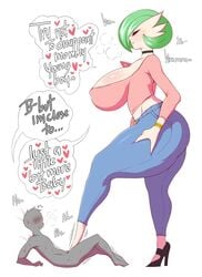 1boy 1girls anon anthro big_breasts blush choker clothed_female_nude_male cock_and_ball_torture dialogue domination english_text female female_pokemon femdom footjob gardevoir giantess green_hair heavy_breathing high_heels huge_breasts human human_on_pokemon humanoid jeans large_breasts larger_female male milf mommy_kink nintendo pants pokémon_(species) pokemon pokemon_(species) pokemon_rse red_eyes saltyxodium size_difference smaller_male speech_bubble teasing text thick_thighs thighs tight_clothing tight_jeans tight_pants trying_not_to_cum white_background white_body