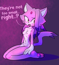 anthro baebot blaze_the_cat blush breasts cute_fangs dipstick_tail domestic_cat english_text felid feline felis female fur gloves_(marking) hi_res kneeling mammal markings multicolored_tail nipples nude open_mouth pawpads purple_body purple_fur small_breasts solo sonic_(series) sonic_the_hedgehog_(series) text tongue white_body white_fur