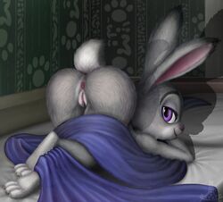 2020 3_toes anthro anus ass ass_up bed bedroom_eyes big_butt claws clitoris detailed_background dipstick_ears disney female fur furniture genitals grey_body grey_fur half-closed_eyes hi_res inside judy_hopps kneeling lagomorph leporid looking_at_viewer looking_back lying mammal multicolored_body multicolored_ears multicolored_fur narrowed_eyes nude on_bed presenting presenting_hindquarters purple_eyes pussy rabbit rear_view scut_tail seductive smile solo thick_thighs toe_claws toes two_tone_body two_tone_fur ukon_vasara wide_hips zootopia