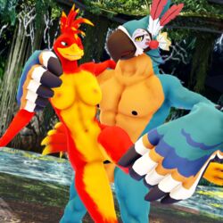 1:1 3d_(artwork) anthro anthrofied avian balls banjo-kazooie beak big_breasts bird breasts breath_of_the_wild breegull digital_media_(artwork) duo female genitals green_eyes hi_res kass_(zelda) kazooie male malicekira muscular muscular_anthro muscular_female muscular_male nintendo nipples nude penis pussy rareware rito smile the_legend_of_zelda video_games