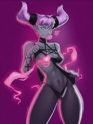 1girls big_breasts busty cleavage dc_comics female grey_body grey_skin hair hair_horns initials jinx_(dc) jtt_artz legs looking_at_viewer panties partially_clothed piercing pink_eyes pink_hair shirt_lift teen_titans thighs v-string voluptuous watermark