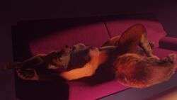 16:9 2020 3d anthro breasts canid canine female fluffy fox fur furniture hi_res looking_at_viewer lying mammal nipples nude on_back red_fox sofa solo velkiel_(artist) widescreen