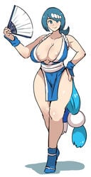 1girls alternate_breast_size areola_slip areolae_slip blue_eyes blue_hair breasts cleavage cosplay crossover edit fan female female_only huge_breasts japanese_clothes kandenki king_of_fighters lana's_mother_(pokemon) large_breasts mai_shiranui mai_shiranui_(cosplay) mature mature_female milf mob_face mother paper_fan pelvic_curtain pokemon pokemon_sm skimpy skimpy_clothes snk solo solo_focus thighs white_background