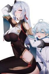 1boy 1girls absurd_res ateoyh aunt aunt_and_nephew bangs belly_button big_breasts blue_eyes blue_hair blush bodysuit braid braided_hair breasts chongyun_(genshin_impact) cleavage clothed clothing female genshin_impact hair_ornament hair_over_one_eye hi_res highres hips huge_breasts incest large_breasts long_hair looking_at_viewer male midriff mouth_open nephew no_pants older_female open_mouth plain_background shenhe_(genshin_impact) short_hair side_view sideboob simple_background sitting sitting_on_lap sitting_on_person slim_waist small_waist sweat sweatdrop sweaty sweaty_ass sweaty_body sweaty_butt thick thick_ass thick_thighs thighs tight_clothing underboob waist white_background white_hair wide_hips younger_male