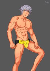 1boy abs acecream bulge grey_background half_naked hand_on_leg human human_only kingdom_hearts looking_at_viewer male male_focus male_nipples male_only muscle muscles muscular muscular_male nipples pecs pectorals pose posing riku shiny_skin silver_hair six_pack solo solo_focus solo_male standing underwear underwear_only veiny_penis yellow_underwear