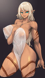 1girls areolae blonde blonde_hair blue_eyes body_markings breasts dark-skinned_female dark_elf dark_skin ear_piercing earrings elf female female_only fillia_einhart highres hiragana_oufu long_hair looking_at_viewer naked necklace nipples nipples_visible_through_clothing nude nude_female original_character pointy_ears scar simple_background solo solo_female thick_thighs toned toned_female towel transparent_clothing white_hair