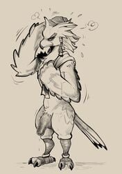 annoyed_expression anthro avian bird black_and_white breath_of_the_wild daftpatriot feather_hands feathers foreskin hand_on_head hi_res looking_at_viewer male male_only monochrome nintendo nude rito solo standing tail_feathers teba_(tloz) the_legend_of_zelda towel video_games wet wings