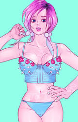 1girls bra bustier cleavage female_only hand_on_hip jojo's_bizarre_adventure jojolion panties partially_clothed pink_hair playing_with_hair solo_female spiked_bra spiked_clothing spikes yasuho_hirose