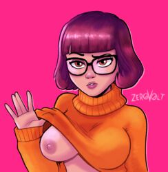 1girls areolae breasts brown_eyes brown_hair female glasses hanna-barbera nipples one_breast_out scooby-doo short_hair simple_background turtleneck velma_dinkley zer0v0lt