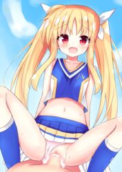 1boy 1boy1girl 1girls blonde_hair blush breasts cheerleader cheerleader_uniform colored cowgirl_position creampie crop_top cum cum_inside cute duo fate_testarossa female female_focus female_on_top functionally_nude hiragana_iroiro human looking_at_viewer mahou_shoujo_lyrical_nanoha male midriff navel panties panties_aside penetration penis_in_pussy pink_panties ribbon riding sex skirt small_breasts smile stockings straight underwear uniform upskirt vaginal vaginal_penetration vaginal_sex