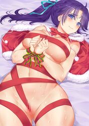 1girls alternate_breast_size big_breasts blue_eyes blush bondage bound bound_wrists breasts cape censored christmas commission fir_(fire_emblem) fire_emblem fire_emblem:_the_binding_blade large_breasts looking_at_viewer makumaxu medium_hair naked_cape naked_ribbon nervous nervous_smile nintendo nude nude_female on_back on_bed ponytail purple_hair pussy restrained ribbon ribboned_body shy_smile smile solo solo_female sweat sweatdrop tied_up underboob