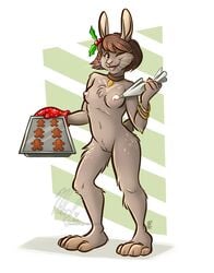 anthro baking baking_tray breasts clothing cookie feet female food genitals handwear icing icing_bag lagomorph leporid mammal nicnak044 nipples nude oven_mitts paws pinup pinup_pose pose pussy rabbit solo