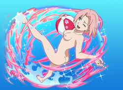 1girls areolae ass beach_ball breasts clavicle collarbone feet female female_only green_eyes holding_object kicking long_hair naked naruto naruto_(series) naruto_shippuden nipples nude one_eye_closed one_leg_raised open_mouth pink_hair rainbow sakura_haruno small_breasts smile solo splash standing toes water