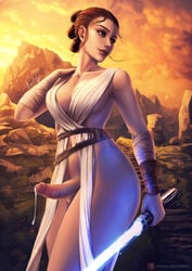 1futa ahch-to armwear background balls bandage belt bottomless breasts brown_eyes brown_hair casual cleavage clothed cum_on_penis curvy dripping_cum erection futa_only futa_sans_pussy futanari huge_ass human intersex jedi jedi_knight jedi_padawan large_breasts lightsaber luminyu penis precum precum_drip rey smile smiling solo solo_futa star_wars the_rise_of_skywalker uncensored weapon wide_hips