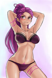 1girls bare_legs bare_midriff body_tattoo brown_eyes collarbone fire_emblem fire_emblem:_three_houses large_breasts laz_gm long_hair midriff nintendo panties petra_macneary ponytail pre-timeskip pubic_tattoo purple_hair purple_panties solo tattoo underwear underwear_only white_background