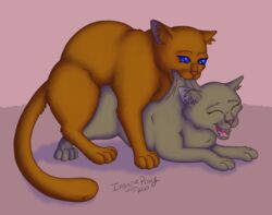 2020 domestic_cat duo felid feline felis female feral fur grey_body grey_fur hi_res insaneproxy_(artist) male mammal orange_body orange_fur scruff_bite straight