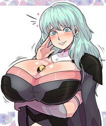 1boy 1girls between_breasts blush breasts byleth_(fire_emblem) byleth_(fire_emblem)_(female) cleavage dimitri_alexandre_blaiddyd fire_emblem fire_emblem:_three_houses fully_clothed giantess gigantic_breasts green_hair huge_breasts larger_female macro_female micro_in_cleavage micro_male micro_on_macro nintendo person_between_breasts pinkkoffin smaller_male