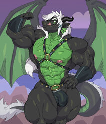 1boy 2019 5_fingers abs anthro azael_dragonfang big_biceps biped bulge clothed clothing digital_media_(artwork) dragon ear_piercing fingers flexing hair harness hi_res horn jockstrap licking licking_lips male male_only membrane_(anatomy) membranous_wings muscular muscular_anthro muscular_male navel nipples partial_nudity piercing solo spread_wings sxfpantera tongue tongue_out topless underwear white_hair wings