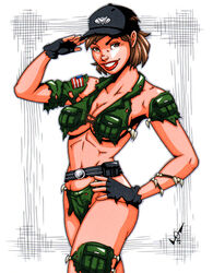 1girls alison_r_hart_burnett belt big_breasts breasts g.i._joe garrett_blair gloves hasbro hat lady_jaye looking_at_viewer ripped_clothing saluting savage_land underboob white_background