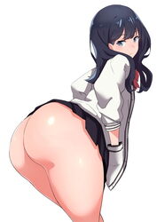 1girls arched_back ass ass_focus bent_over black_hair black_skirt blue_eyes blush breasts cardigan closed_mouth eyebrows_visible_through_hair female female_only from_behind hand_in_pocket hands_in_pockets hi_res hips huge_ass jacket long_hair looking_at_viewer looking_back looking_down nopan nuezou pleated_skirt scrunchie shiny shiny_skin simple_background skirt solo solo_female ssss.gridman takarada_rikka thick_thighs thighs viewed_from_below white_background white_jacket wide_hips