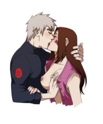 1boy 1boy1girl 1girls alternate_costume alternate_hairstyle areolae breast_grab breasts breasts_out brown_hair cleavage closed_eyes clothing facepaint female hand_on_breast hatake_kakashi kissing long_hair long_sleeves male naruto naruto_(series) naruto_shippuden nipples nohara_rin shirt silver_hair sleeveless upper_body vest