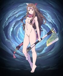 1girls alternate_costume axe brown_hair dual_wielding edit female_pubic_hair fire_emblem fire_emblem_fates fire_emblem_heroes hairband hana_(fire_emblem) kunoichi long_hair looking_at_viewer medium_breasts naked_scarf ninja nude nude_edit nude_female nude_filter pubic_hair samuraijam34 scarf simple_background smile solo solo_female weapon