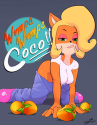 1girls anthro ass bedroom_eyes blonde_hair breasts clothed coco_bandicoot crash_(series) female overalls robo-sama shirt sitting tongue wumpa_fruit