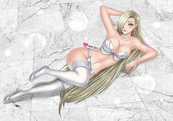 1girls abp_art arm_behind_head bare_shoulders blonde_hair blue_eyes clothing collar collarbone curvy curvy_figure detailed_background earrings female female_only footwear hair_over_one_eye heels ino_yamanaka jewelry knee_up lingerie lipstick long_hair lying makeup naruto naruto:_the_last naruto_(series) on_floor on_side pearls posing raised_leg reflection revealing_clothes shiny smile solo very_long_hair white_bra white_legwear white_panties wide_hips