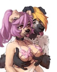 arthropod big_breasts bird_dog black_body black_fur black_nose blonde_hair breast_grab breasts brown_body brown_eyes brown_fur butterfly canid canine canis chest_tuft choker cleavage clothed clothing didihell domestic_dog duo ear_piercing ear_ring eyelashes female floppy_ears fur grey_body grey_fur hair hand_on_breast hi_res hunting_dog hybrid insects jewelry jul_(forestpuppy) lepidopteran lingerie long_hair looking_at_another male mammal multicolored_body multicolored_fur muzzle_(marking) necklace one_eye_closed piercing pink_hair ponytail retriever short_hair simple_background straight text_on_choker tongue tongue_out tuft two_tone_body two_tone_fur white_background wink