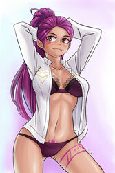 1girls bare_legs bare_midriff body_tattoo bra brown_eyes collarbone fire_emblem fire_emblem:_three_houses garreg_mach_monastery_uniform large_breasts laz_gm long_hair midriff nintendo open_clothes open_shirt panties petra_macneary ponytail pubic_tattoo purple_hair purple_panties solo tattoo underwear white_background