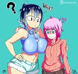 2girls ? big_breasts breast_to_breast cherry_hanson clothing dark_blue_hair deadapache flat_chest multiple_girls original pink_hair shelby_springfield short_hair short_shorts size_difference thick_thighs