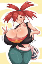 1girls 2020 alternate_breast_size breasts breasts_bigger_than_head bursting_breasts cleavage female female_only flannery_(pokemon) flannery_(pokemon_oras) grabbing_own_breast gym_leader human hyper hyper_breasts jeans licking_lips peace_sign pinkkoffin pokemon pokemon_oras pokemon_rse red_hair solo solo_female top_heavy