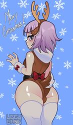 1boy ass big_ass big_ass_(male) blush bulge christmas_outfit crona_(soul_eater) dat_ass fat_ass femboy flat_chest huge_ass looking_back male male_only purple_hair reindeer_antlers reindeer_costume reindeer_tail shiny_skin short_hair solo solo_male soul_eater tail text thick_thighs thigh_gap thighhighs thighs uggu_bang watermark