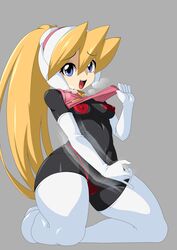 1girls breasts ciel_(mega_man) clothed clothing elbow_gloves female female_only fully_clothed gloves humanoid kneeling masturbation_gesture mega_man mega_man_zero pale_skin semikichi solo tagme thick_thighs wide_hips