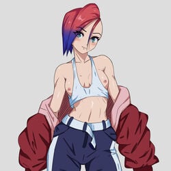 1girls 2020 athletic blue_eyes blue_hair blush breasts breasts_out female female_only grey_background jacket_off_shoulders looking_at_viewer midriff midriff_baring_shirt nipples original_character pinup punk red_hair shadertoons side_shave solo_female streetwear tank_top tomboy toned two_tone_hair