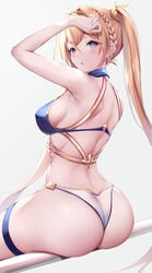 1girls :o absurdres arm_up armpits ass ass_support back bare_arms bare_shoulders bikini blonde_hair blue_bikini blue_eyes blush bradamante_(fate) braid breasts fate/grand_order fate_(series) female female_ass female_only from_behind hair_intakes highres kisaki_oni long_hair looking_at_viewer looking_back medium_breasts mismatched_bikini parted_lips sideboob simple_background sitting solo swimsuit thigh_strap thighs thin_arms twintails type-moon very_long_hair white_background white_bikini