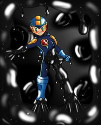 1boy blush bodysuit bulge color kurttype5 latex liquid_latex male_only mega_man mega_man_battle_network megaman.exe resisting tagme