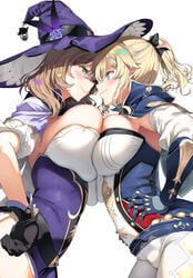 2girls asahina_hikage big_breasts blonde_hair blush breast_press breast_squish breasts brown_hair busty female female_only genshin_impact green_eyes hand_on_hip hand_on_own_hip highres huge_breasts jean_gunnhildr large_breasts light-skinned_female light_skin lisa_(genshin_impact) looking_at_another ponytail seductive side_view sideboob smile smug standing symmetrical_docking wavy_mouth witch_hat