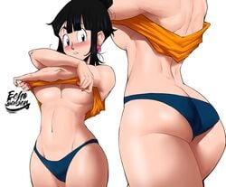 1girls ass big_ass big_breasts black_hair blush breasts chichi curvy_figure dragon_ball dragon_ball_z earrings echosaber eye_contact female looking_at_viewer milf panties shirt_lift shounen_jump standing thick_thighs thighs underboob undressing white_background