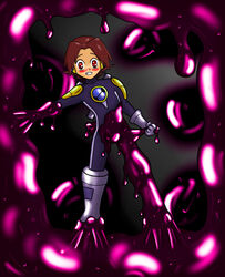 1boy blush bodysuit brown_hair bulge dark_megaman.exe edit kurttype5 latex liquid_latex male_only mega_man mega_man_battle_network megaman.exe resisting tagme third-party_edit