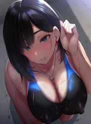 1girls adjusting_hair andouyu aqua_eyes bangs bare_legs black_hair black_swimsuit blunt_bangs breast_hold breasts cleavage competition_swimsuit earrings erect_nipples erect_nipples_under_clothes female jewelry large_breasts leaning_forward legs looking_at_viewer necklace nipple_bulge nipple_outline nipples nipples_visible_through_clothing one-piece_swimsuit original parted_lips ring sidelocks solo standing swimsuit tank_suit teeth wall wet