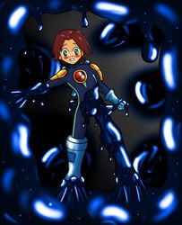 1boy blush bodysuit brown_hair bulge edit kurttype5 latex liquid_latex male_only mega_man mega_man_battle_network megaman.exe resisting tagme third-party_edit