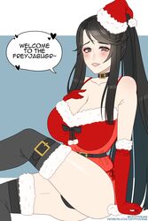 1girls alternate_costume bare_thighs beauty_mark big_breasts black_hair black_panties choker christmas christmas_outfit cleavage cryptid_crab english_text fire_emblem fire_emblem_fates huge_breasts large_breasts long_hair looking_at_viewer mikoto_(fire_emblem) milf mole nintendo panties pantyshot pantyshot_(sitting) ponytail sitting smile solo solo_female text thick_thighs thighhighs thighs very_long_hair