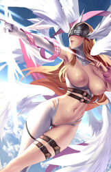 1girls 8_wings angewomon areolae armpits blonde_hair breasts cianyo clitoral_hood digimon female female_only long_hair nipples pussy pussy_peek solo tagme wet_skin wings