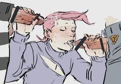 3boys big_penis closed_eyes cum_in_hair cum_in_mouth cum_on_face diavolo doppios_sweater facial femboy freckles handjob jojo's_bizarre_adventure male_only open_mouth pink_hair risotto_nero solo_focus threesome trap vento_aureo vinegar_doppio yaoi