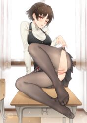 ass braid brown_hair clothed clothing female kinhasu looking_at_viewer makoto_niijima no_shoes orange_eyes pantyhose persona persona_5 pussy school_uniform short_hair uncensored upskirt wink